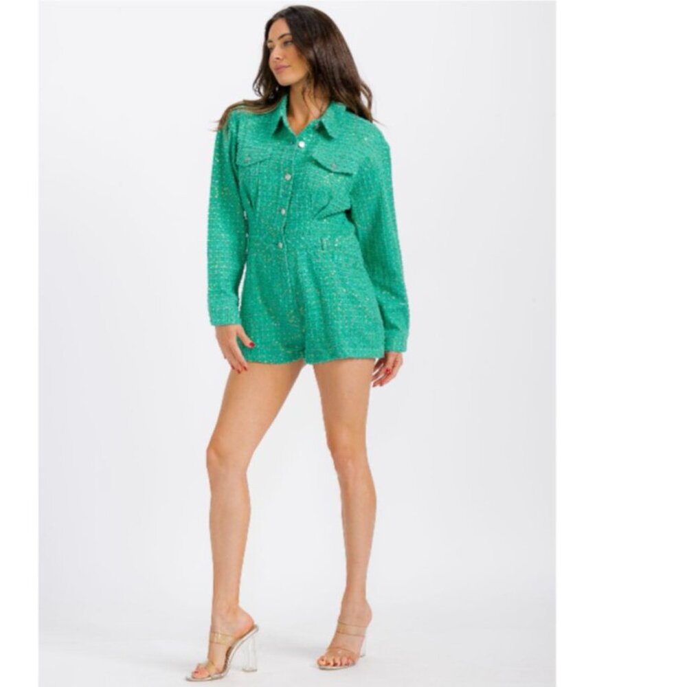 Textured Green Long-Sleeve Romper - Picture 1 of 5